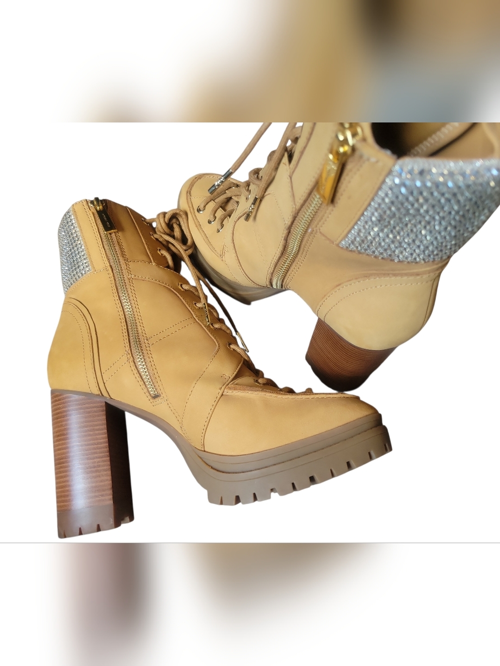 Michael Kors Tan Lace-Up Block Heel Boots with Crystal Collar - Picture 5 of 15